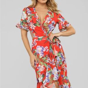 Fashion Nova Red Asymmetrical Wrap Sundress